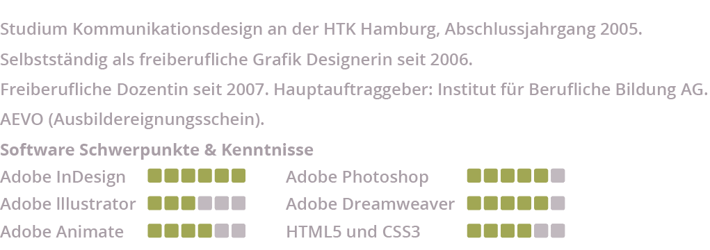 Studium Kommunikationsdesign an der HTK Hamburg, Abschlussjahrgang 2005. Selbstst ndig als freiberufliche Grafik Desi...